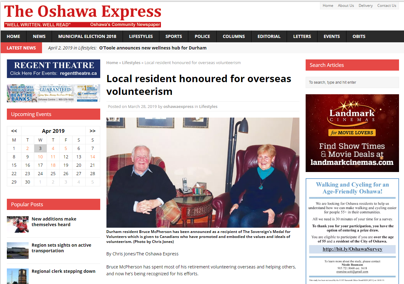 Oshawa Express, Ontario: Local resident honoured for overseas volunteerism