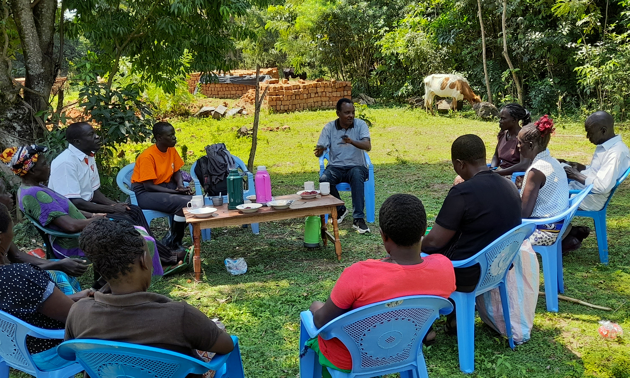 A group sits outside in blue plastic chairs in a circle