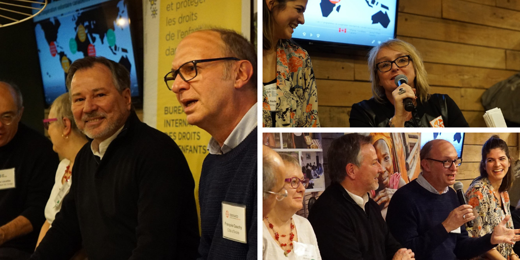 Serge Bisaillon (left), Isabelle Noury (top-right) and François Cauchy (bottom-right) joins other volunteers at an event to present their own international development experience.