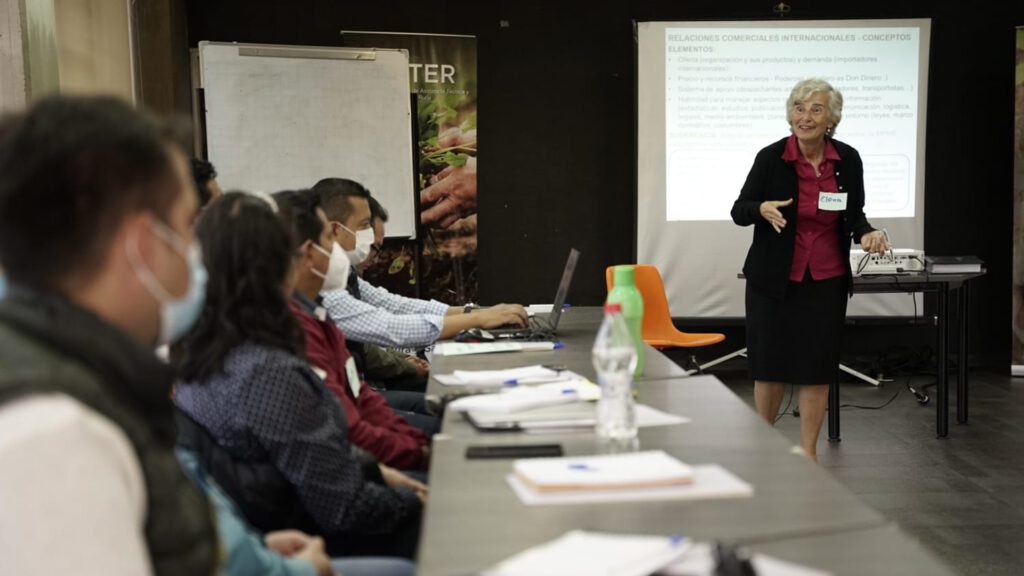 A woman standing in front of projector makes a presentation to trainees